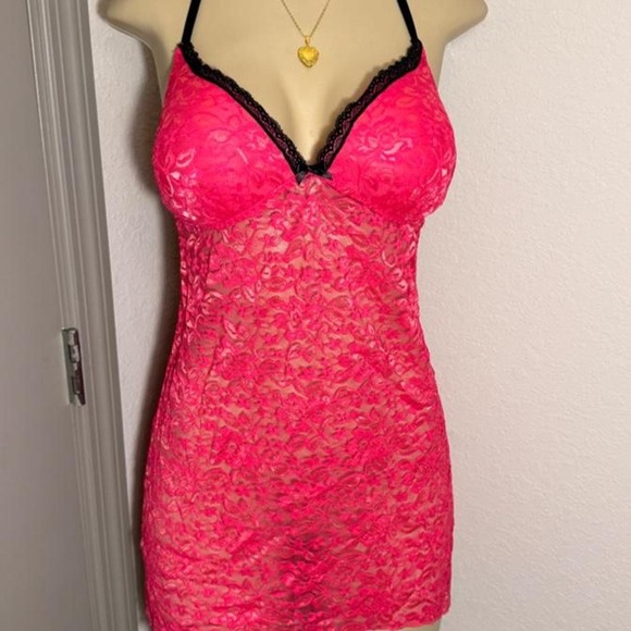 Apt.9 Dresses & Skirts - Apt. 9 hot pink lace lingerie dress with black trim